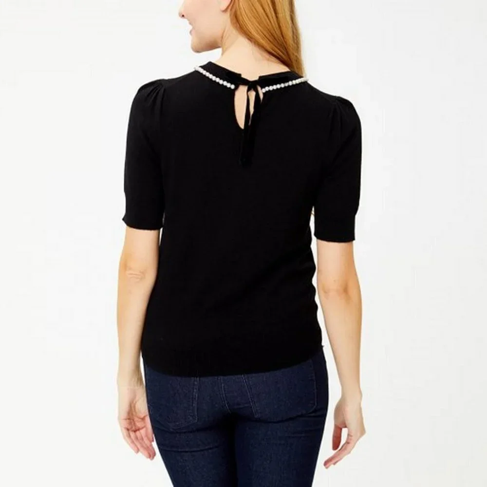 New Kate Spade Black Pearl-Embellished Short-Sleeve Sweater Size XXS